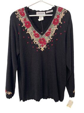 Vintage Jantzen Sweater Medium Hand Embroidered Floral Black Red Deadstock NEW